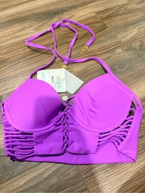 Luli Fama Bright Purple Strappy Halter Bikini Top